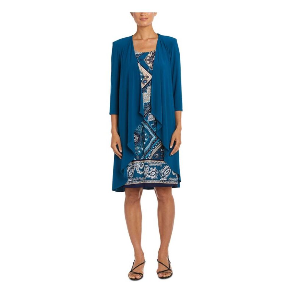 R&M RICHARDS Womens Teal 3/4 Sleeve Collarless Duster Jacket Petites 10P